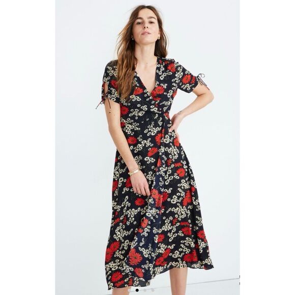 Madewell Floral Print Midi Dress Short Sleeve Tie Detail Black Red‎ Casual - Picture 2 of 13
